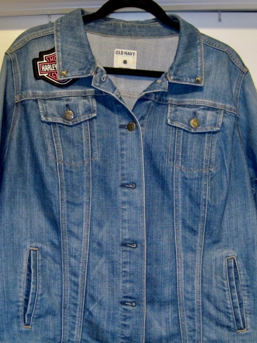 Old Navy Women’s Class Blue Jean Jacket Size 2X with Harley David emblems